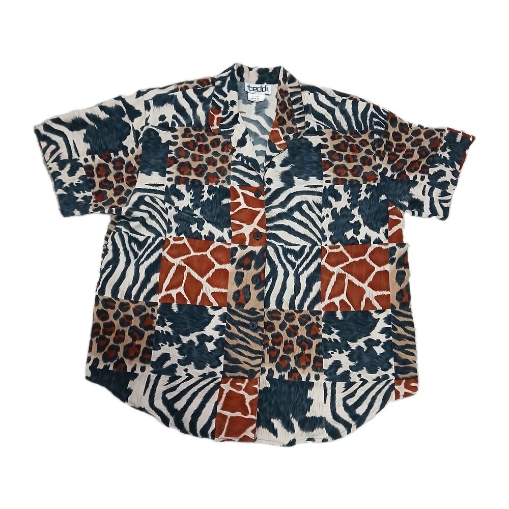 Vintage Teddi Petite PL Animal Print Blouse Safari Patchwork Button Up Shirt